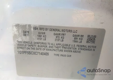 2012 Chevrolet Cruze 1Lt из США, поврежденный, VIN 1G1PF5SC0C7140409